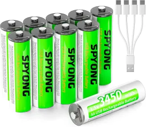 10 Pack Rechargable AA Lithium Batteries with Fast Charger Cable, 3450mWh aa Batteries Lithium 1.5V Constant Output Lithium ion Output Li-ion Double a Batteries Cycle Times up to 1500x