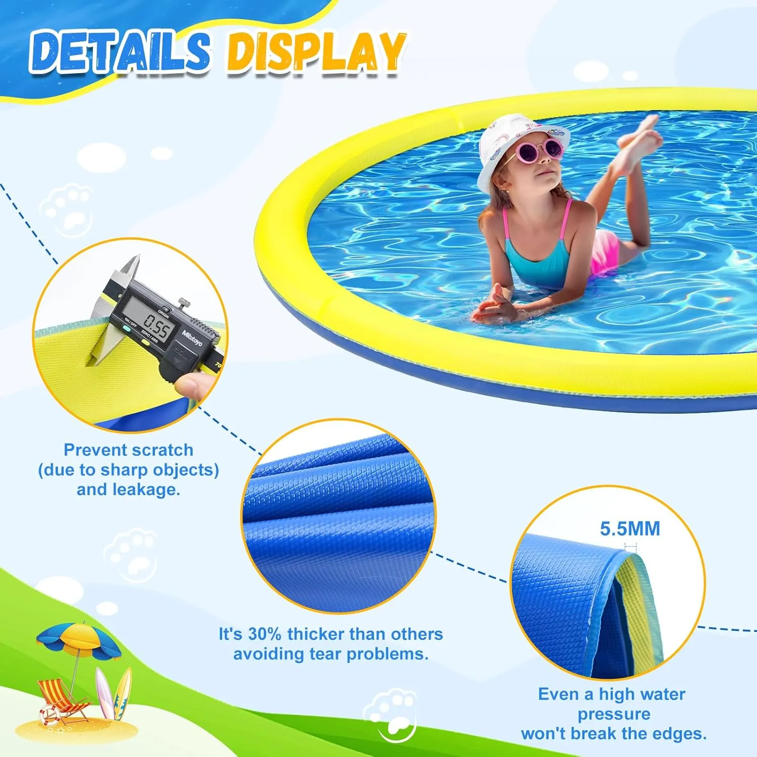 107 inch Extra Large Non-Slip Splash Pad Sprinkler for Kid and Dog, Kiddie Dog Pool, Toddler Outdoor Toys for Ages 3-12 Boys Girls, Summer Outdoor Water Kids Toys, Parent Games, Backyard, Lawn