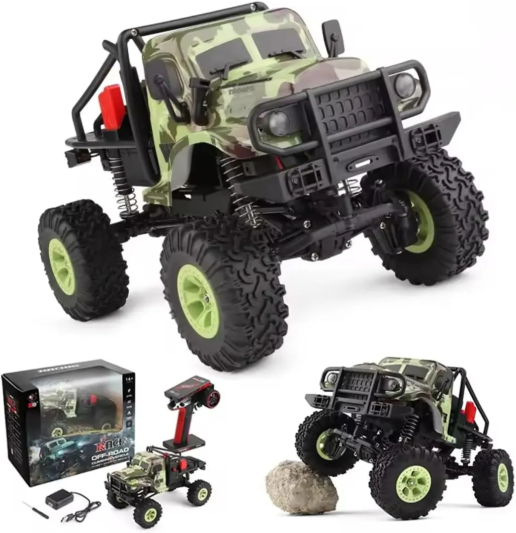 1:18 Scale RC Crawler Truck for Adult, 9 KM/H 4WD Rock Crawler Off-Road All Terrain 2.4 GHz Electric Remote Control Brushed Motor Climbing Car with LED Lights