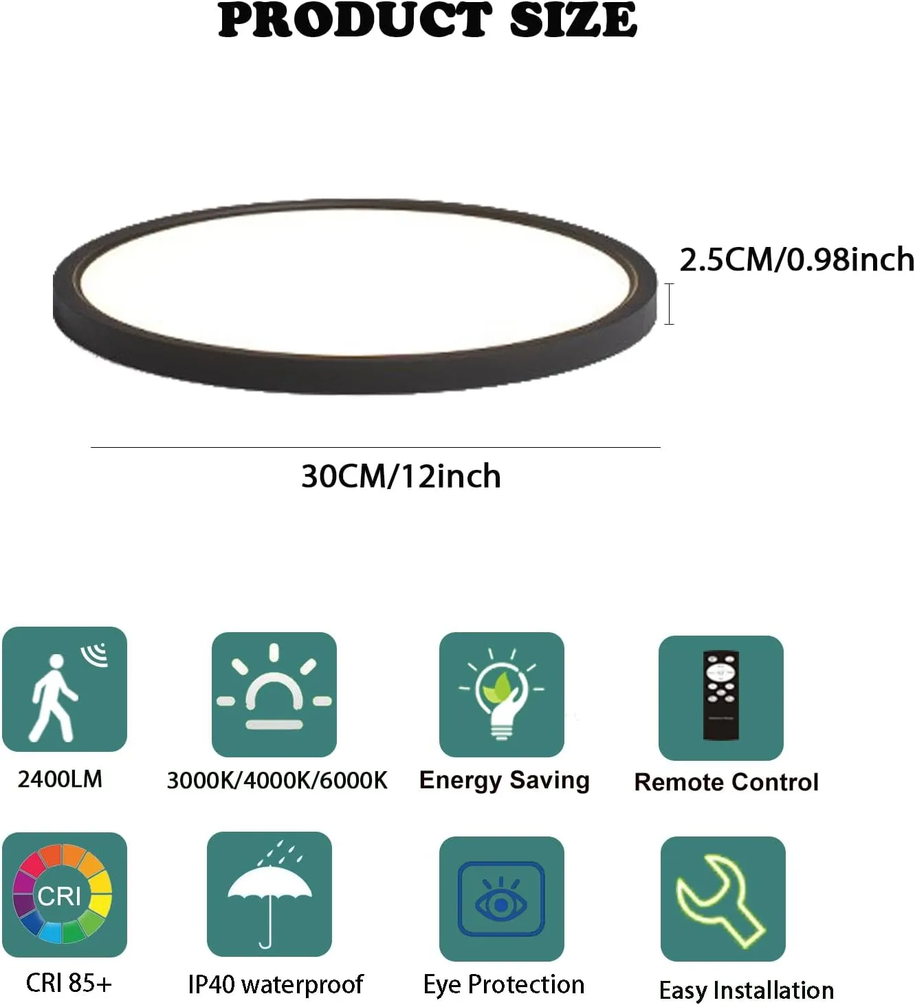 12 Inch Motion Sensor Light Indoor, Flush Mount Light Fixture, Motion Sensor Ceiling Light Wired for Hallway Porch Laundry Garage Basement, Motion Light 3000k/4000k/6000k Black