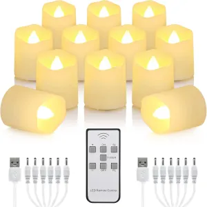 12 PCS Rechargeable Candles Flameless Tea Lights with Remote, USB LED Tealights with Timer Flickering Fake Candle, Votive Tea Light for Halloween, Holiday, Christmas, Party, Home Decorations