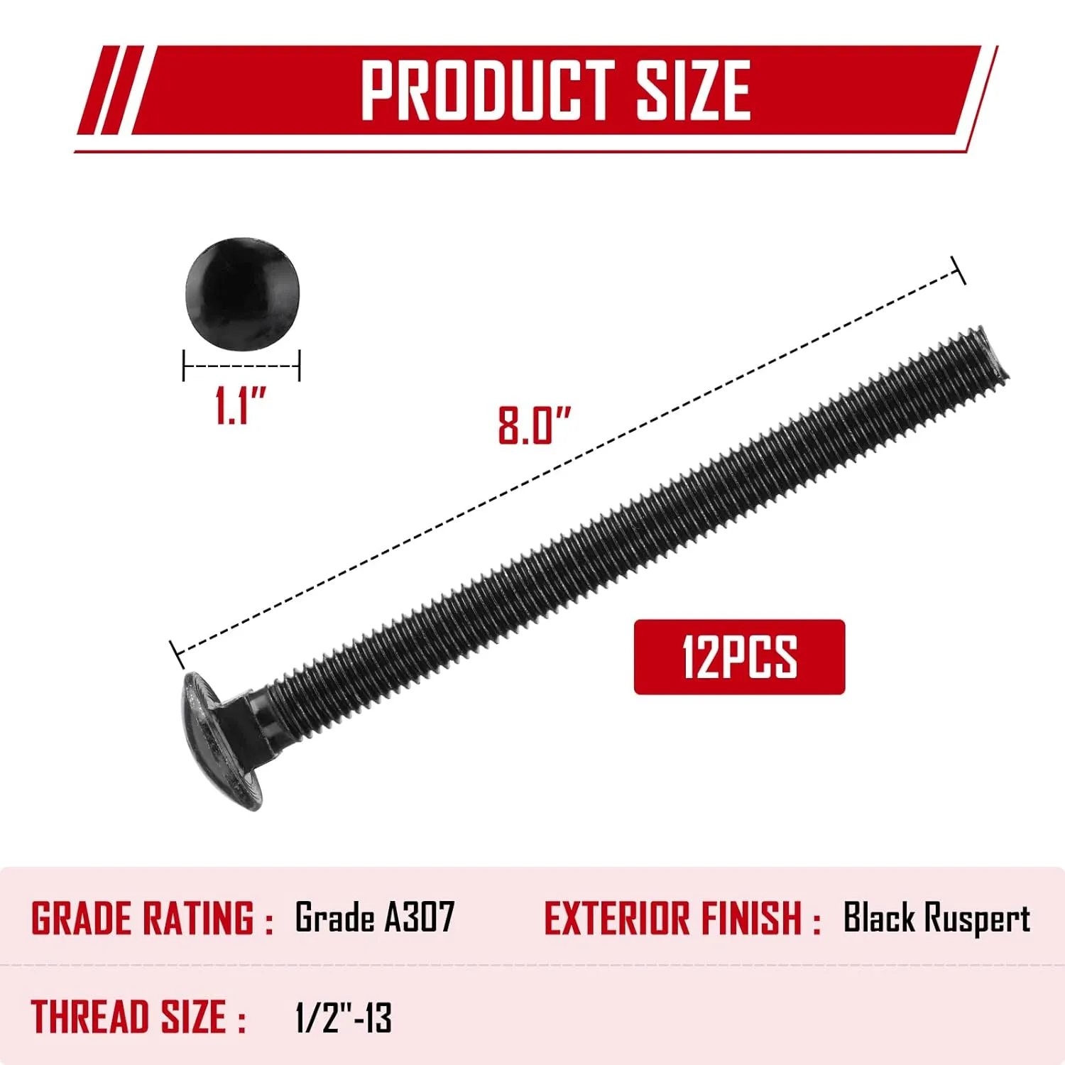 1/2 x 8 Inch Carriage Bolt Kit,Rust Resistance Bolts Includes 12 Bolts, 12 Washers, and 12 Nuts, Black
