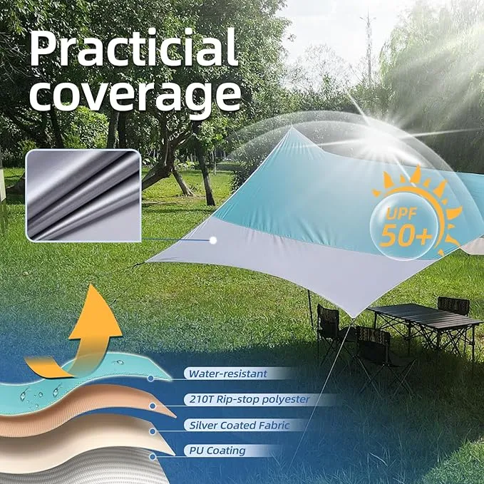 12X14FT Camping Tarp with 2 Poles, UV UPF50  Lightweight Car Awning Sun Shelter, PU3000 Waterproof Tarp for Camping, Hiking and Backpacking Trips