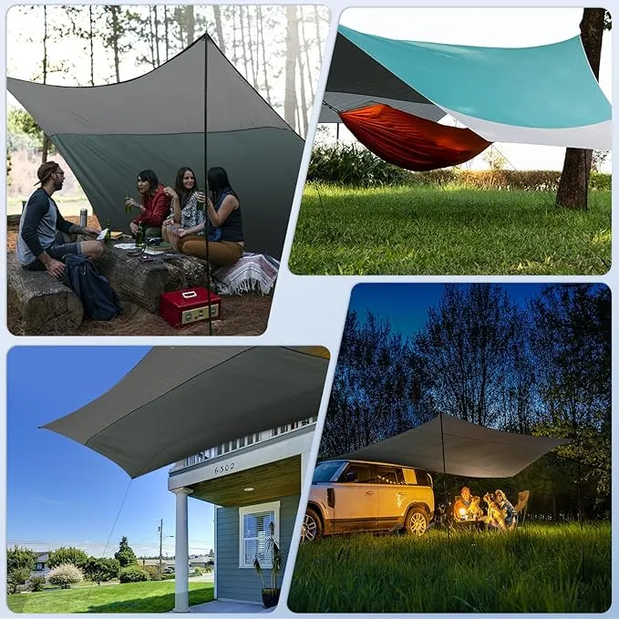 12X14FT Camping Tarp with 2 Poles, UV UPF50  Lightweight Car Awning Sun Shelter, PU3000 Waterproof Tarp for Camping, Hiking and Backpacking Trips