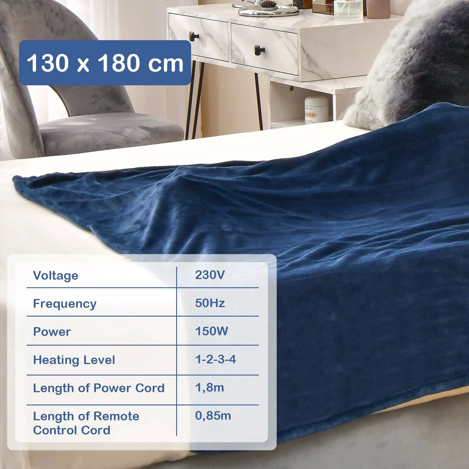 130 x 180 cm Electric Heated Blanket with 4 Heating Levels