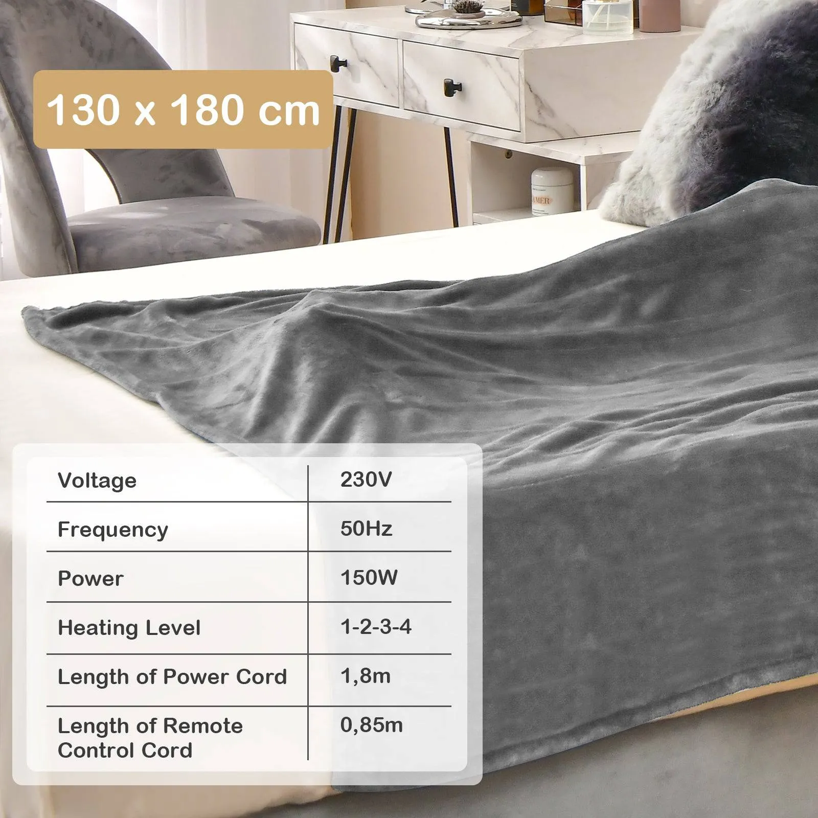 130 x 180 cm Electric Heated Blanket with 4 Heating Levels