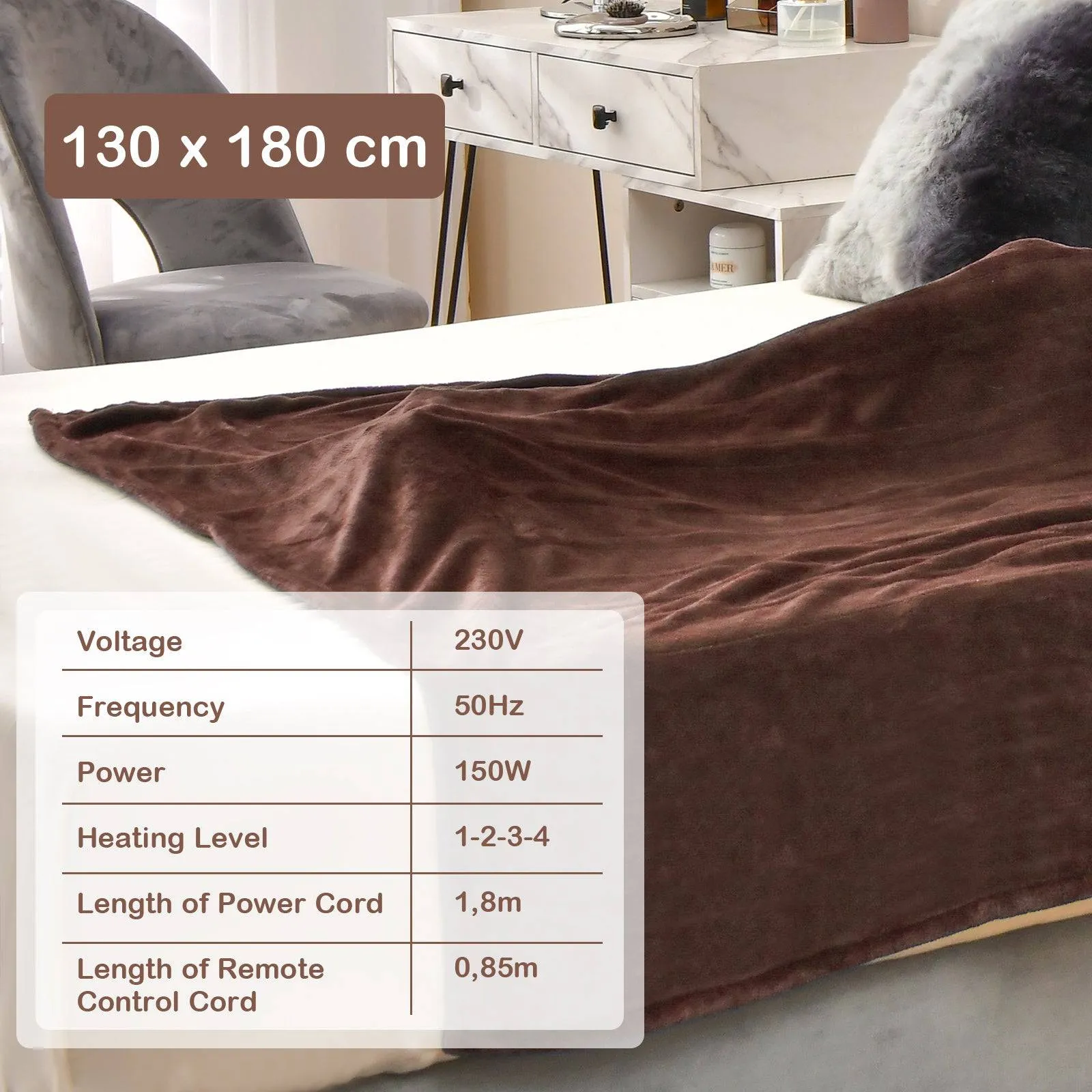 130 x 180 cm Electric Heated Blanket with 4 Heating Levels