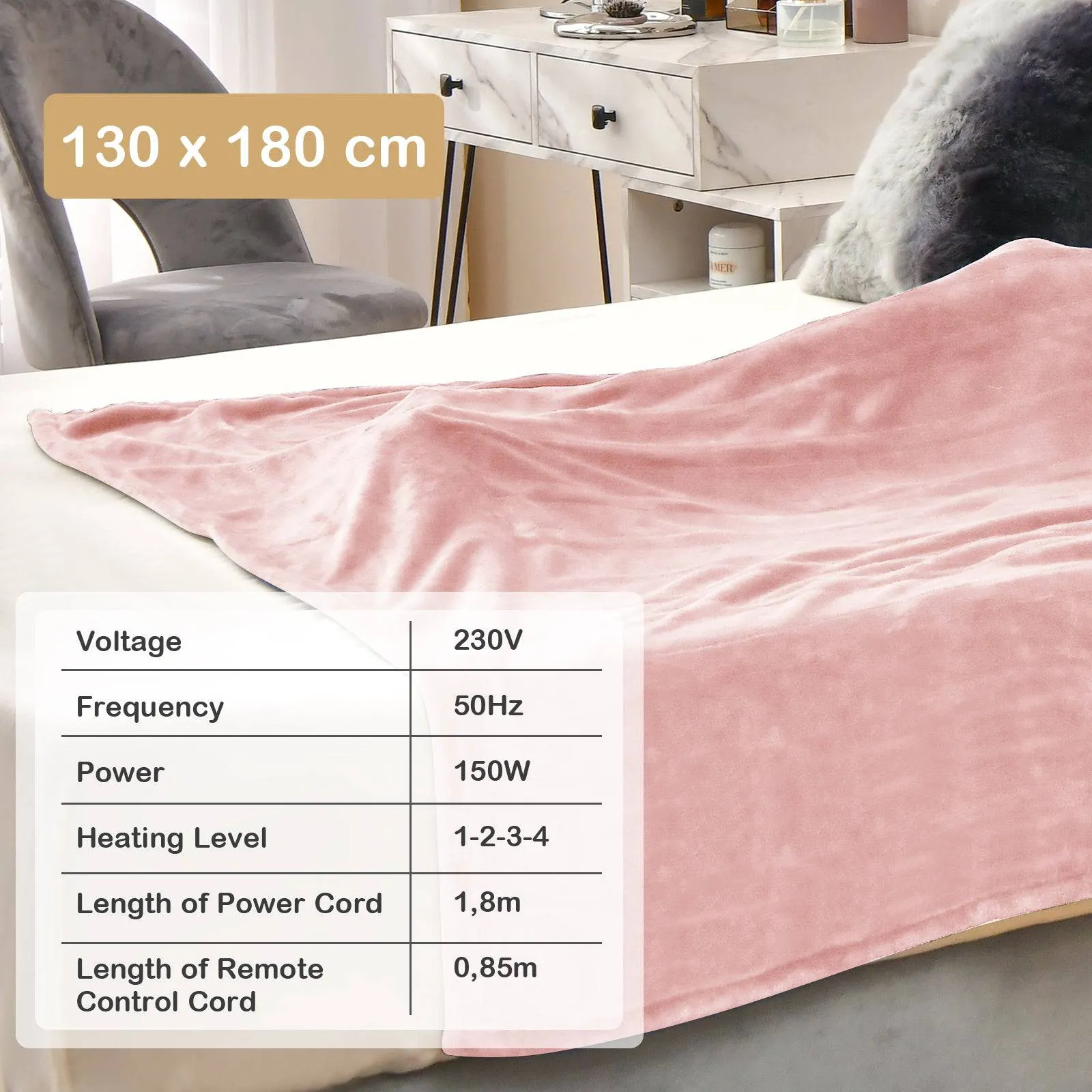 130 x 180 cm Electric Heated Blanket with 4 Heating Levels