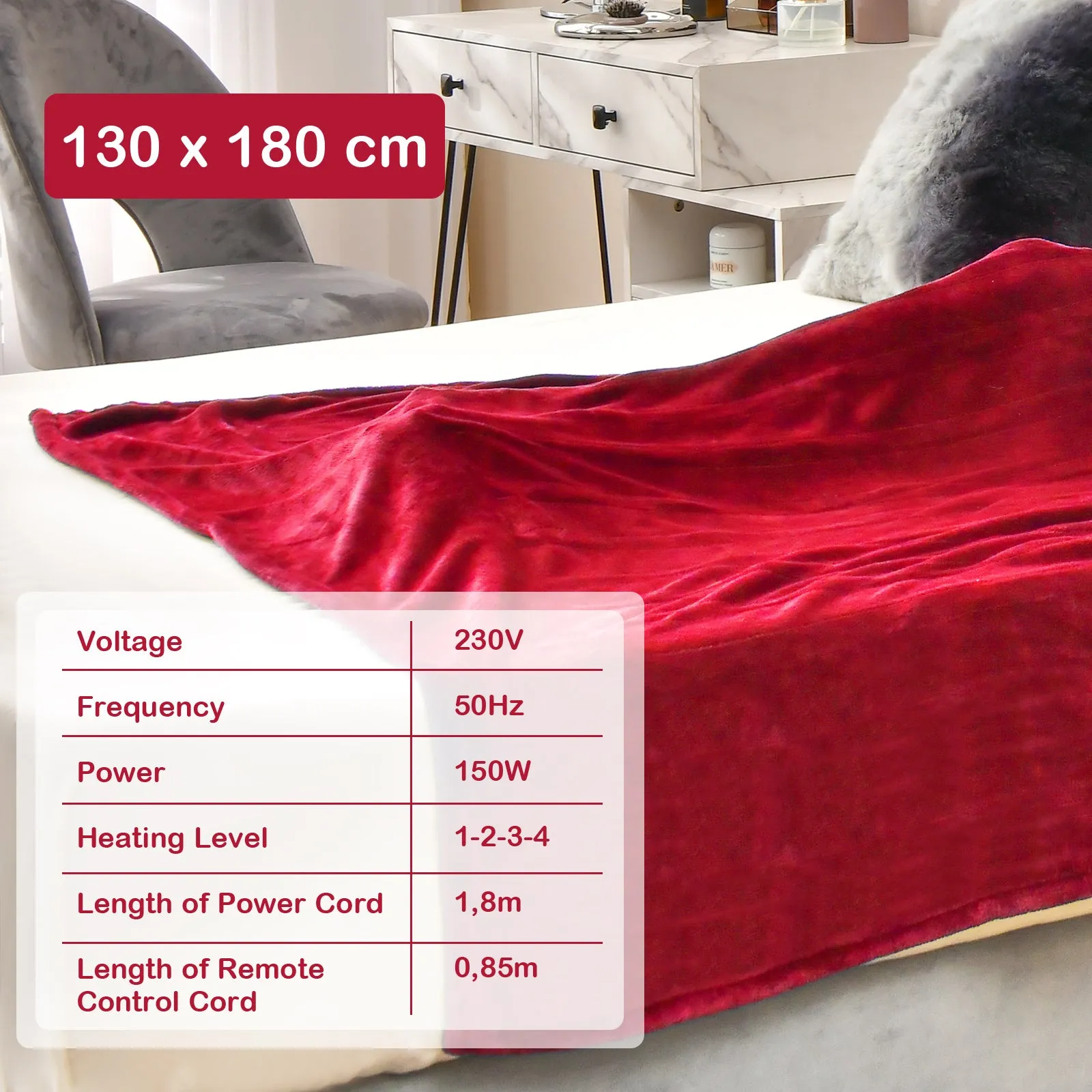130 x 180 cm Electric Heated Blanket with 4 Heating Levels
