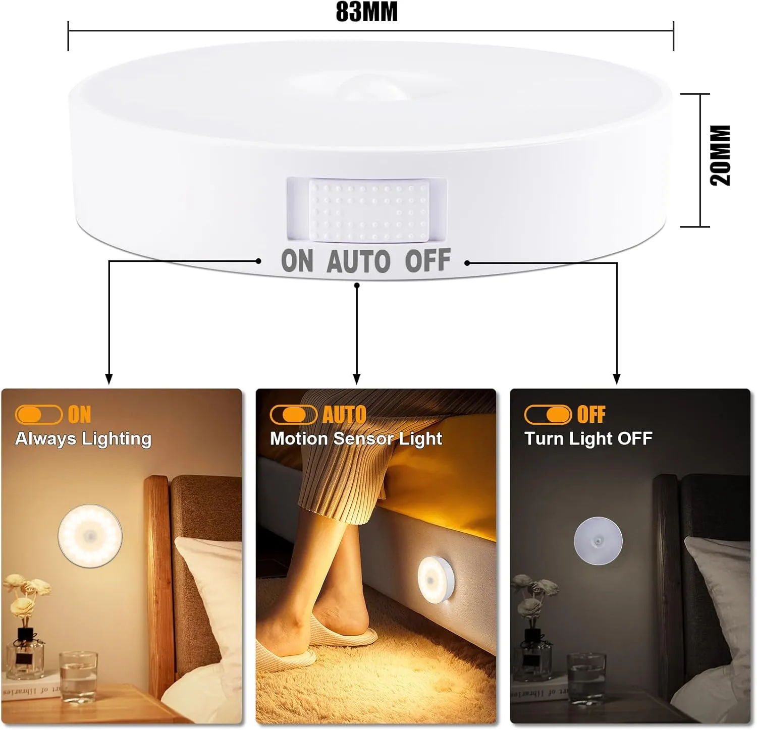 14 LEDs Motion Sensor Light Indoor, 6 Pack Upgraded Night Light USB Rechargeable, 3 Light Modes & Long Last Battery, Cordless Magnetic Nightlight for Bedroom, Closet, Hallway - Warm White