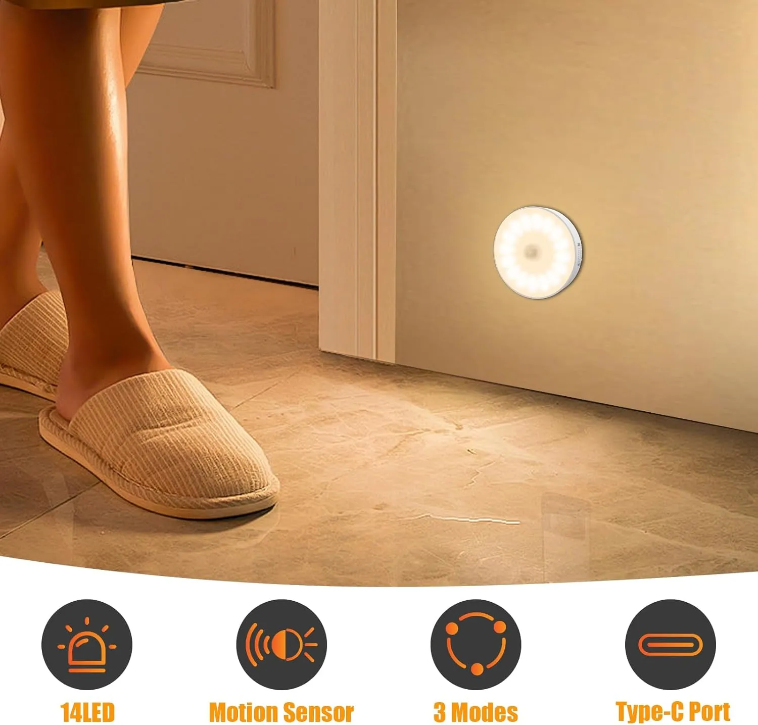14 LEDs Motion Sensor Light Indoor, 6 Pack Upgraded Night Light USB Rechargeable, 3 Light Modes & Long Last Battery, Cordless Magnetic Nightlight for Bedroom, Closet, Hallway - Warm White