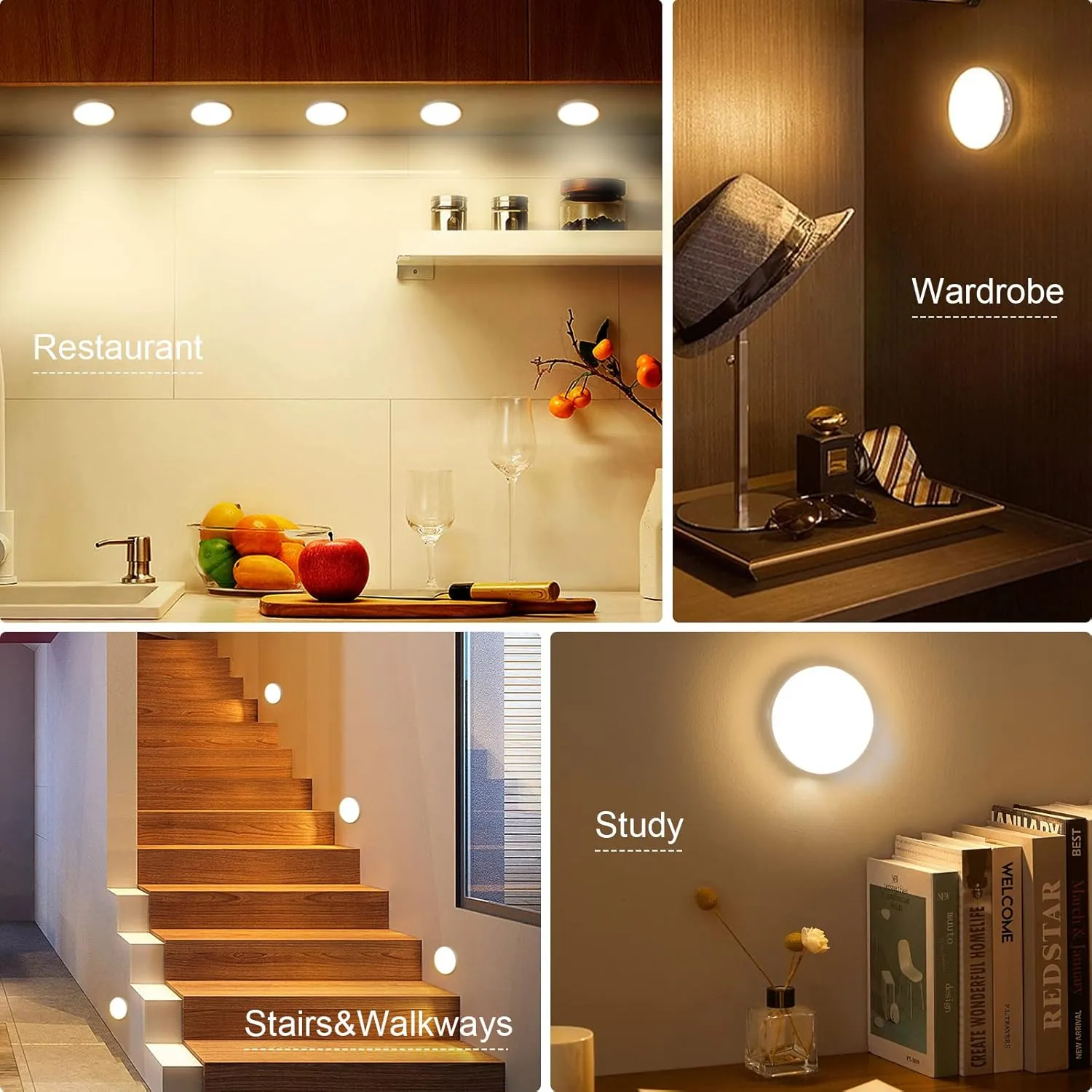 14 LEDs Motion Sensor Light Indoor, 6 Pack Upgraded Night Light USB Rechargeable, 3 Light Modes & Long Last Battery, Cordless Magnetic Nightlight for Bedroom, Closet, Hallway - Warm White
