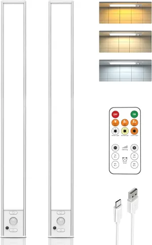 16in Under Cabinet Lighting with Remote Control,160 LED Motion Sensor Light Indoor,4000mAh USB Rechargeable Closet Lights,3 Color Temps Wireless Under Counter Lights for Kitchen,Pantry, Stair, 2 Pack