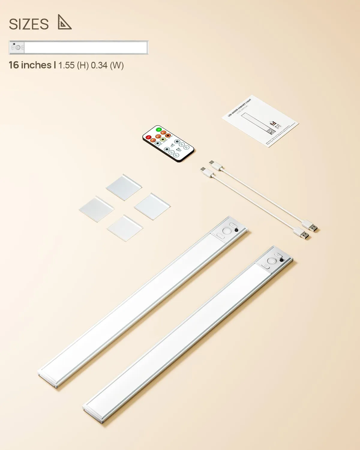 16in Under Cabinet Lighting with Remote Control,160 LED Motion Sensor Light Indoor,4000mAh USB Rechargeable Closet Lights,3 Color Temps Wireless Under Counter Lights for Kitchen,Pantry, Stair, 2 Pack
