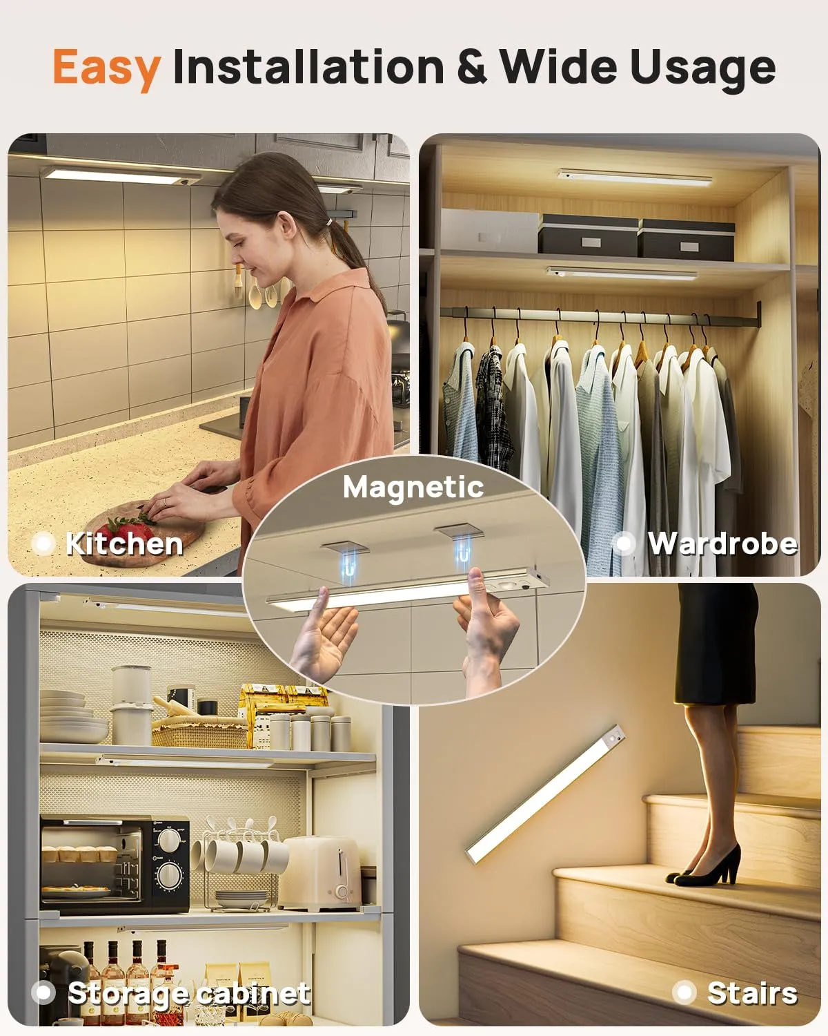 16in Under Cabinet Lighting with Remote Control,160 LED Motion Sensor Light Indoor,4000mAh USB Rechargeable Closet Lights,3 Color Temps Wireless Under Counter Lights for Kitchen,Pantry, Stair, 2 Pack