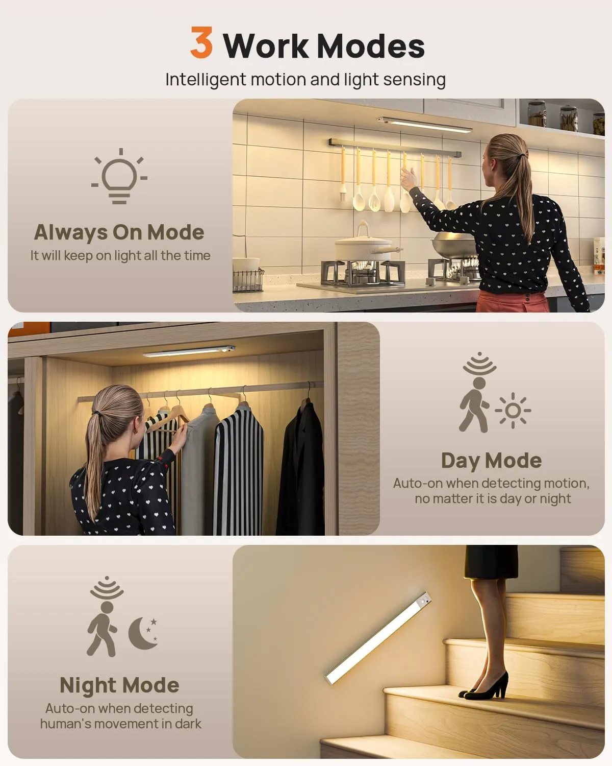 16in Under Cabinet Lighting with Remote Control,160 LED Motion Sensor Light Indoor,4000mAh USB Rechargeable Closet Lights,3 Color Temps Wireless Under Counter Lights for Kitchen,Pantry, Stair, 2 Pack