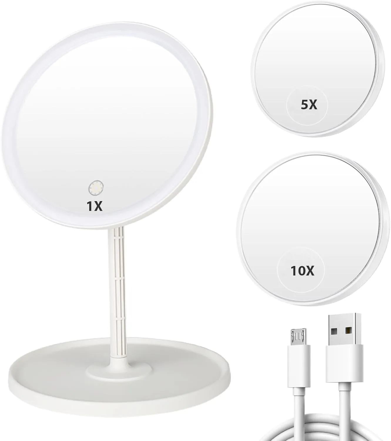 1X LED Makeup Mirror with 5X and 10X Suction magnifiers, Makeup Mirror with 3 Color Adjustable Brightness Light,Vanity Mirror,USB Rechargeable, White