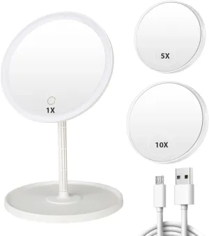 1X LED Makeup Mirror with 5X and 10X Suction magnifiers, Makeup Mirror with 3 Color Adjustable Brightness Light,Vanity Mirror,USB Rechargeable, White