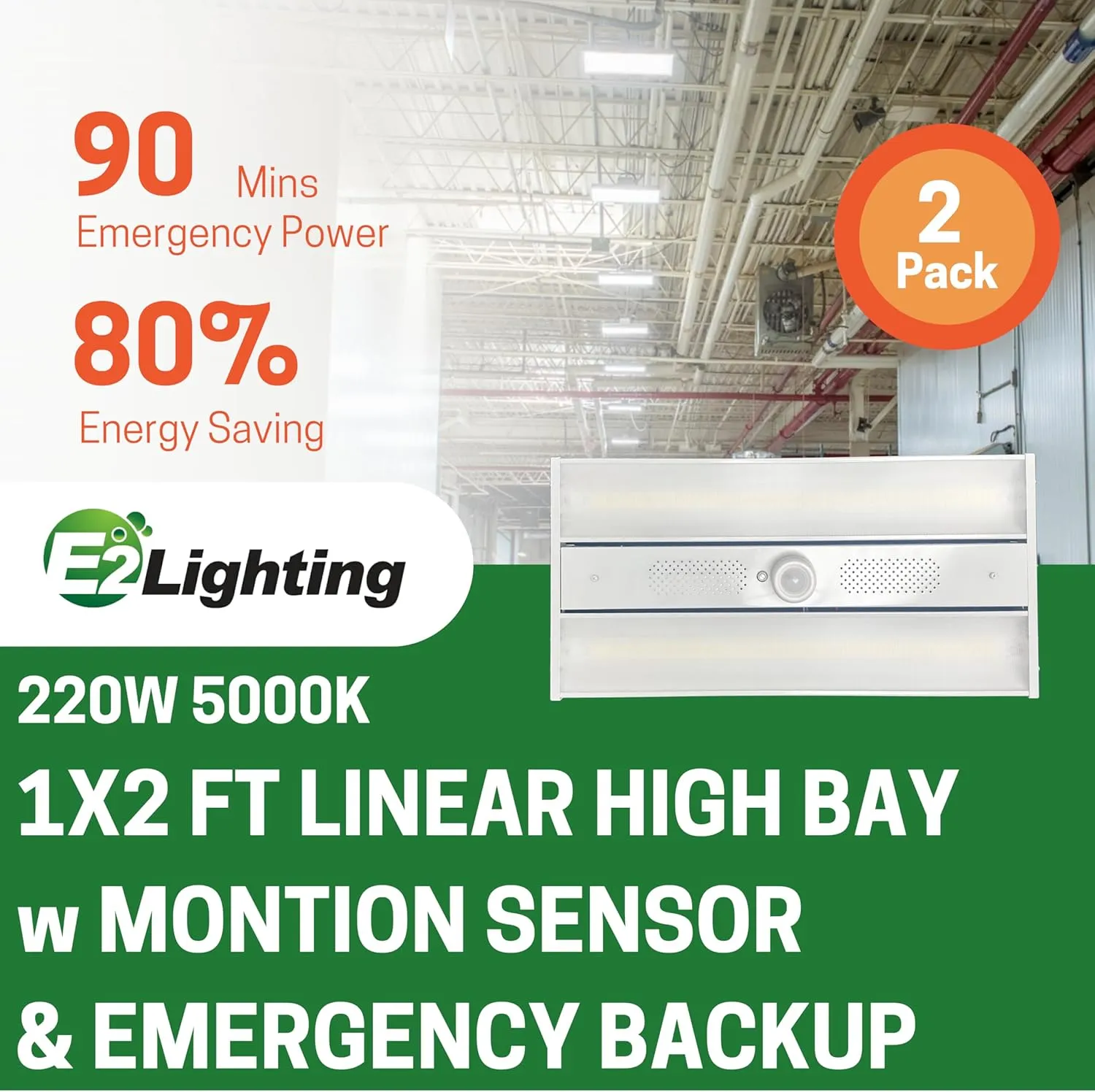 2 Pack 2FT 220W Warehouse high Bay 33,000LM / 5000K w/Prewired Emergency Battery Backup 3750lm in EM Mode (220, Watts)