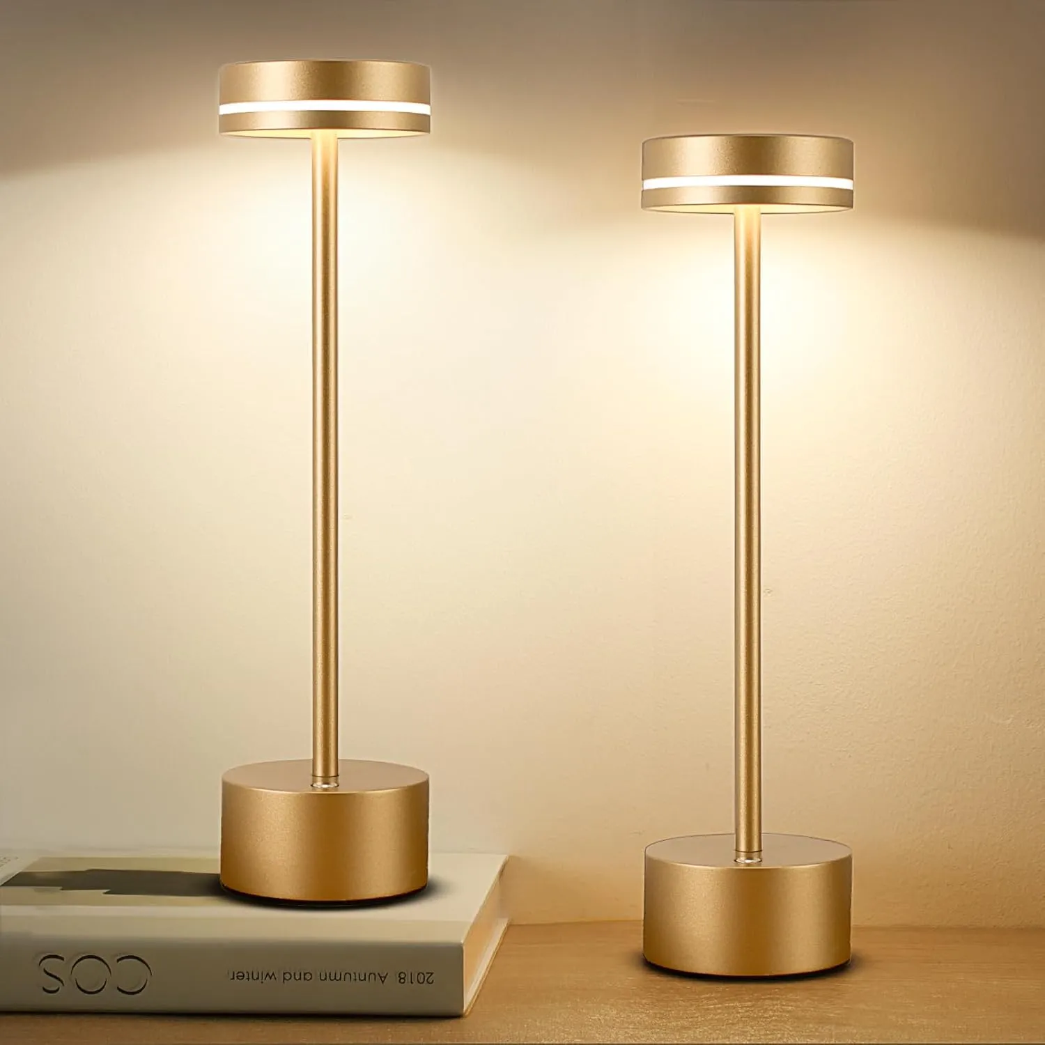 2 Pack Cordless Table Lamp Rechargeable, 3 Way Dimmable Touch Lamp & 5000mAh Long Battery Time, Portable Small Metal Light for Reading/Office/Bedroom/Dining/Nightstand/Desk, Gift for Home Décor – Gold