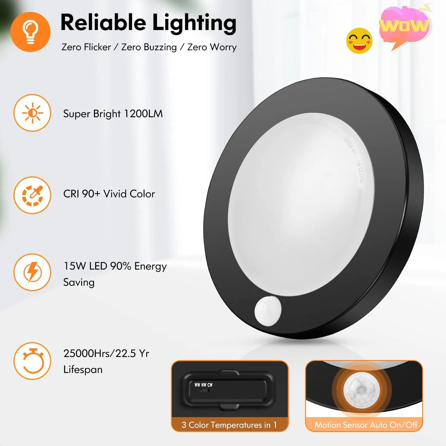 2-Pack Motion Sensor LED Ceiling Lights, 15W-100W Equivalent, 1200LM 3 Colors in 1(3000K/4000K/5000K), 7.5inch Black Flush Mount Lighting Fixture for Closet Room, Hallways, Laundry Room, Non-Dimmable
