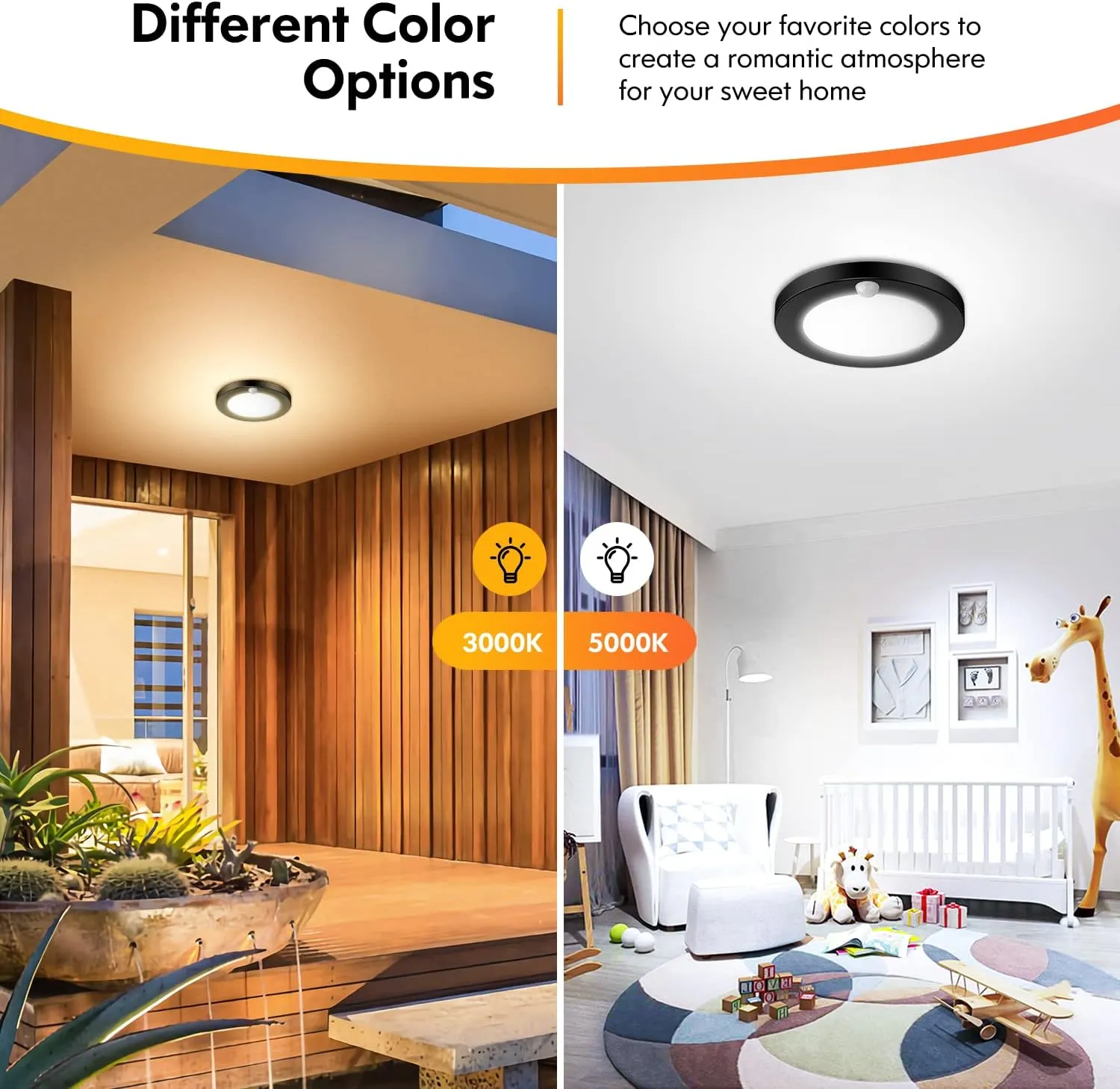 2-Pack Motion Sensor LED Ceiling Lights, 15W-100W Equivalent, 1200LM 3 Colors in 1(3000K/4000K/5000K), 7.5inch Black Flush Mount Lighting Fixture for Closet Room, Hallways, Laundry Room, Non-Dimmable