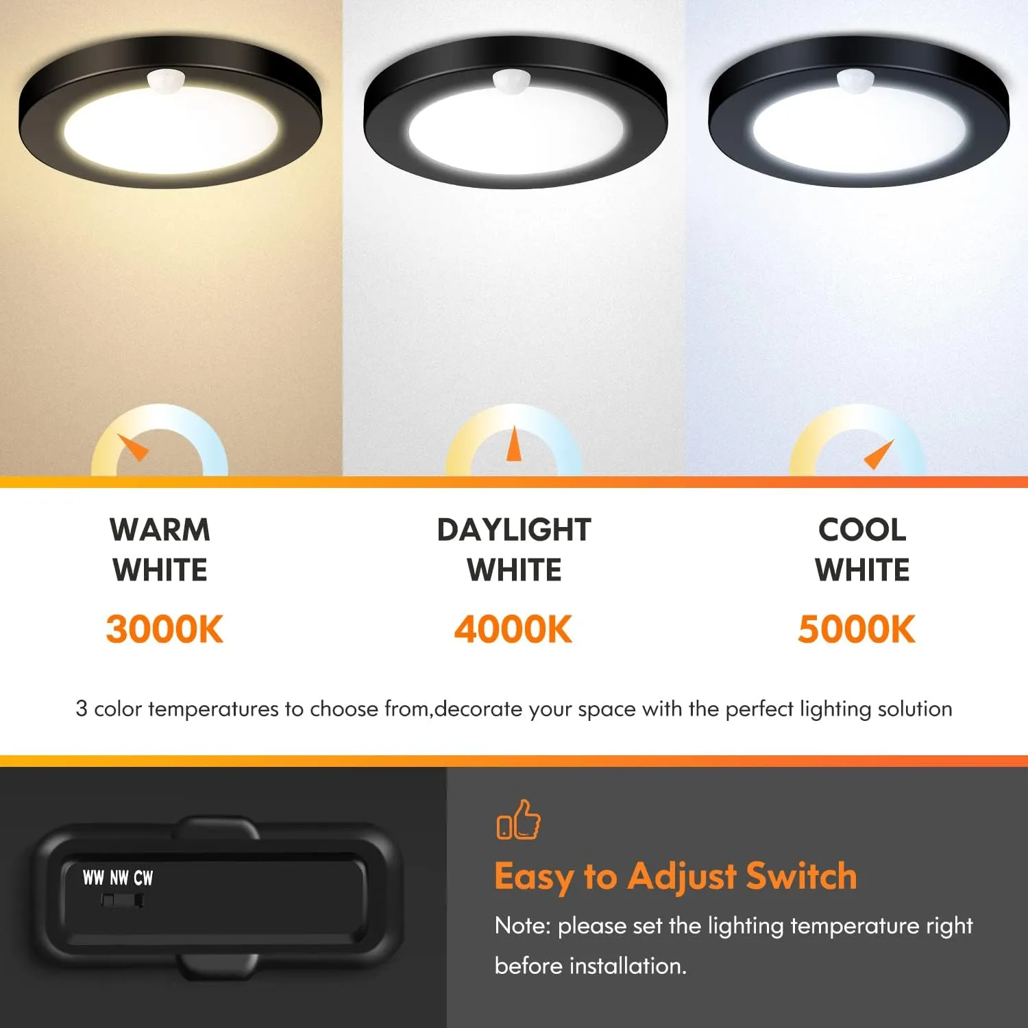 2-Pack Motion Sensor LED Ceiling Lights, 15W-100W Equivalent, 1200LM 3 Colors in 1(3000K/4000K/5000K), 7.5inch Black Flush Mount Lighting Fixture for Closet Room, Hallways, Laundry Room, Non-Dimmable