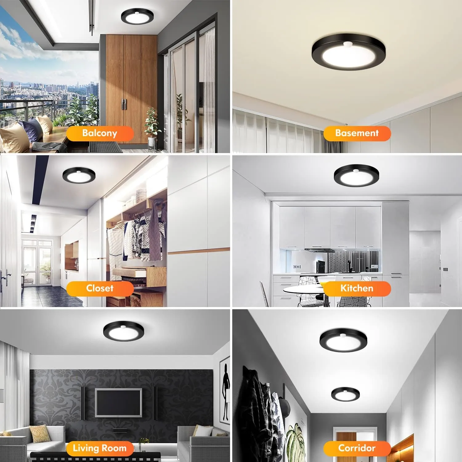 2-Pack Motion Sensor LED Ceiling Lights, 15W-100W Equivalent, 1200LM 3 Colors in 1(3000K/4000K/5000K), 7.5inch Black Flush Mount Lighting Fixture for Closet Room, Hallways, Laundry Room, Non-Dimmable