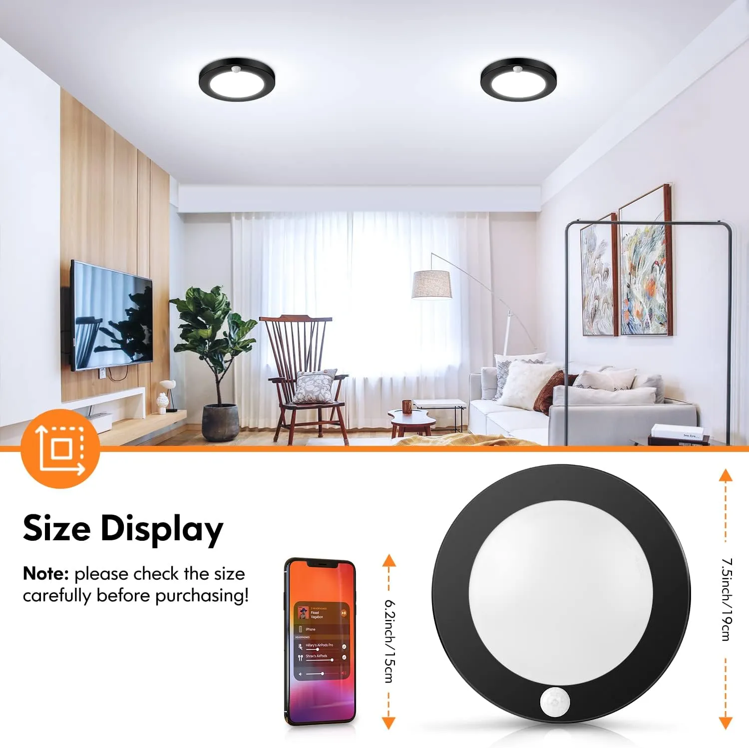 2-Pack Motion Sensor LED Ceiling Lights, 15W-100W Equivalent, 1200LM 3 Colors in 1(3000K/4000K/5000K), 7.5inch Black Flush Mount Lighting Fixture for Closet Room, Hallways, Laundry Room, Non-Dimmable