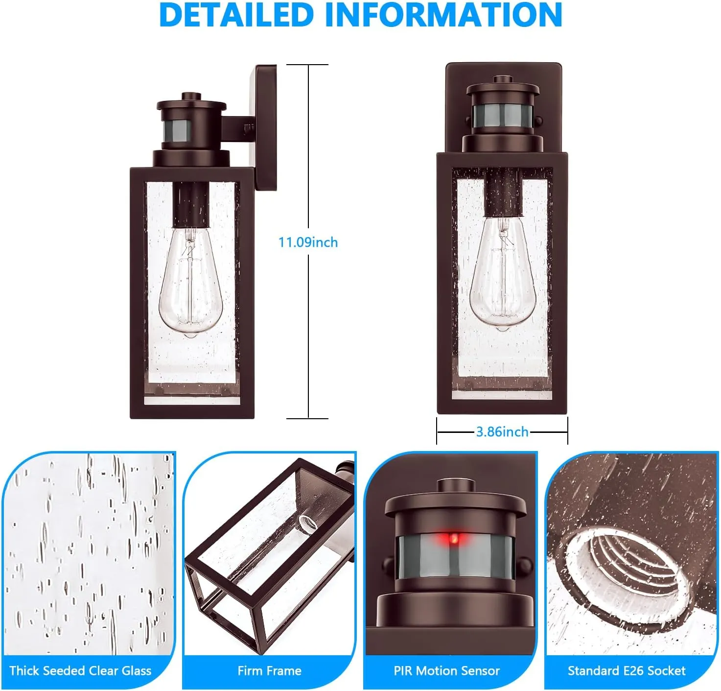 2-Pack Motion Sensor Outdoor Wall Lanterns, Dusk to Dawn Exterior Wall Sconces, Waterproof Porch Light Fixtures Outside Lights for House Entryway Doorway Garage, PIR Motion Activated