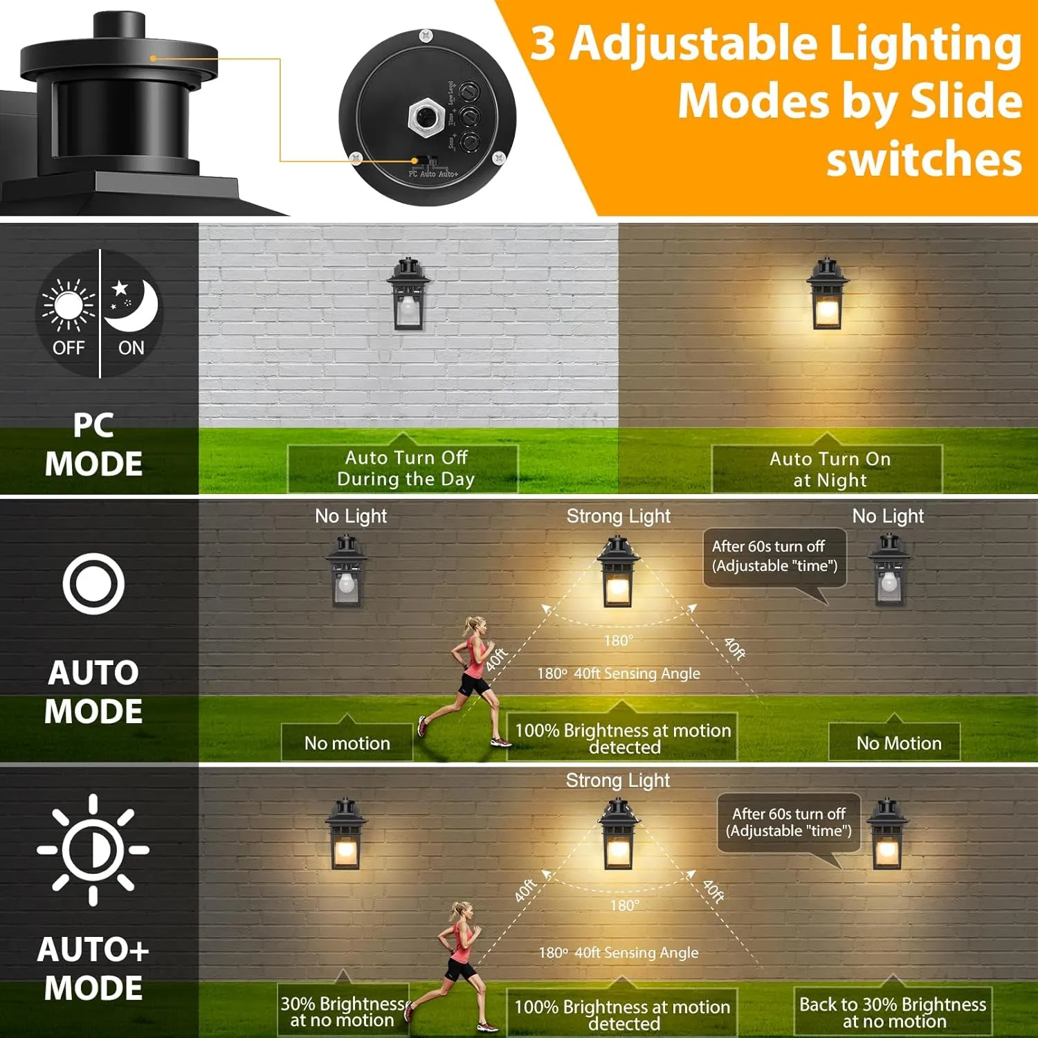 2 Pack Porch Light with GFCI Outlet, Black Dusk to Dawn Motion Sensor Outdoor Lights, 3-Mode Wall Exterior Lighting Fixture, Waterproof Outside Lights Sconce for House Front Door Patio Garage
