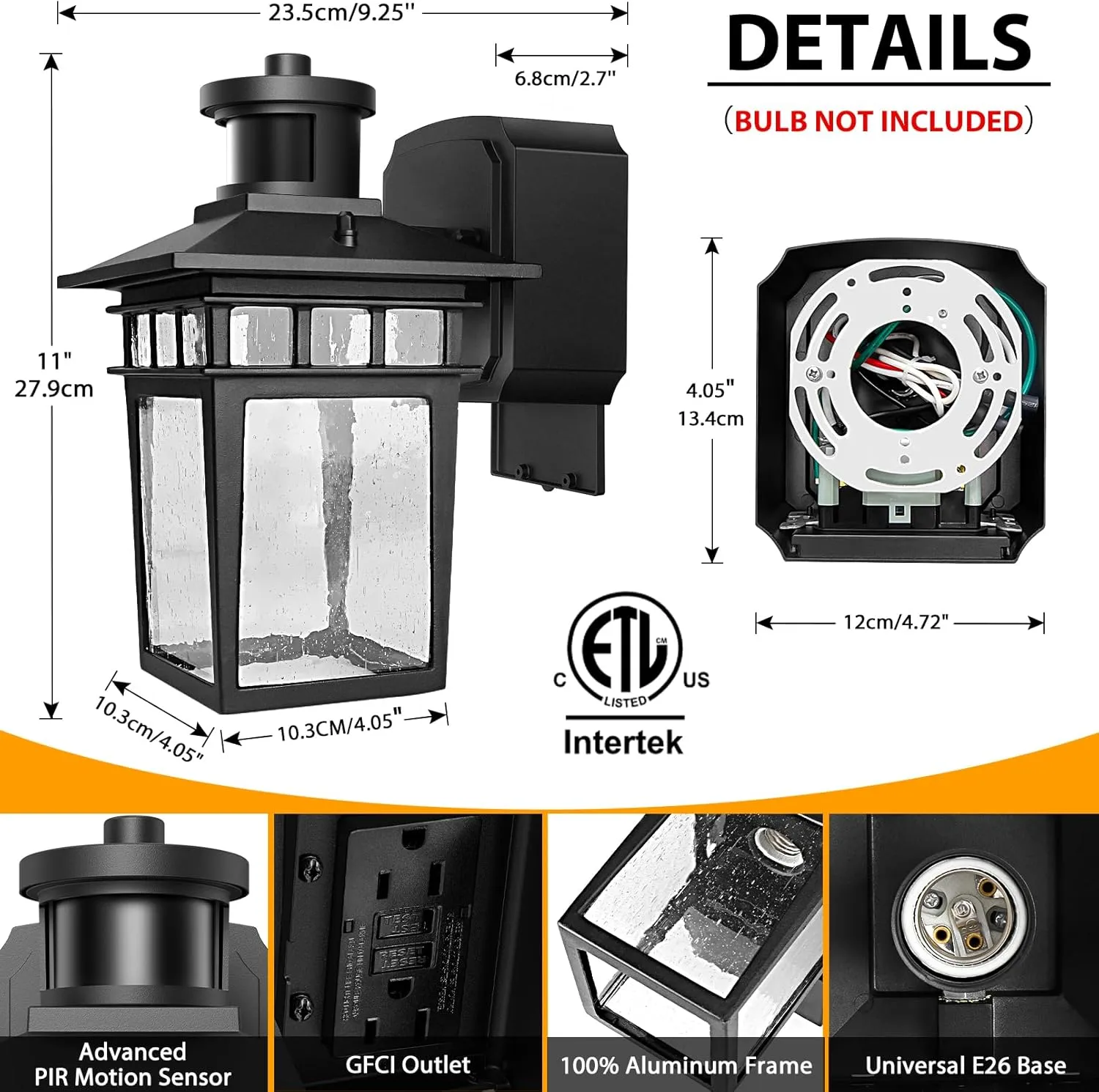 2 Pack Porch Light with GFCI Outlet, Black Dusk to Dawn Motion Sensor Outdoor Lights, 3-Mode Wall Exterior Lighting Fixture, Waterproof Outside Lights Sconce for House Front Door Patio Garage