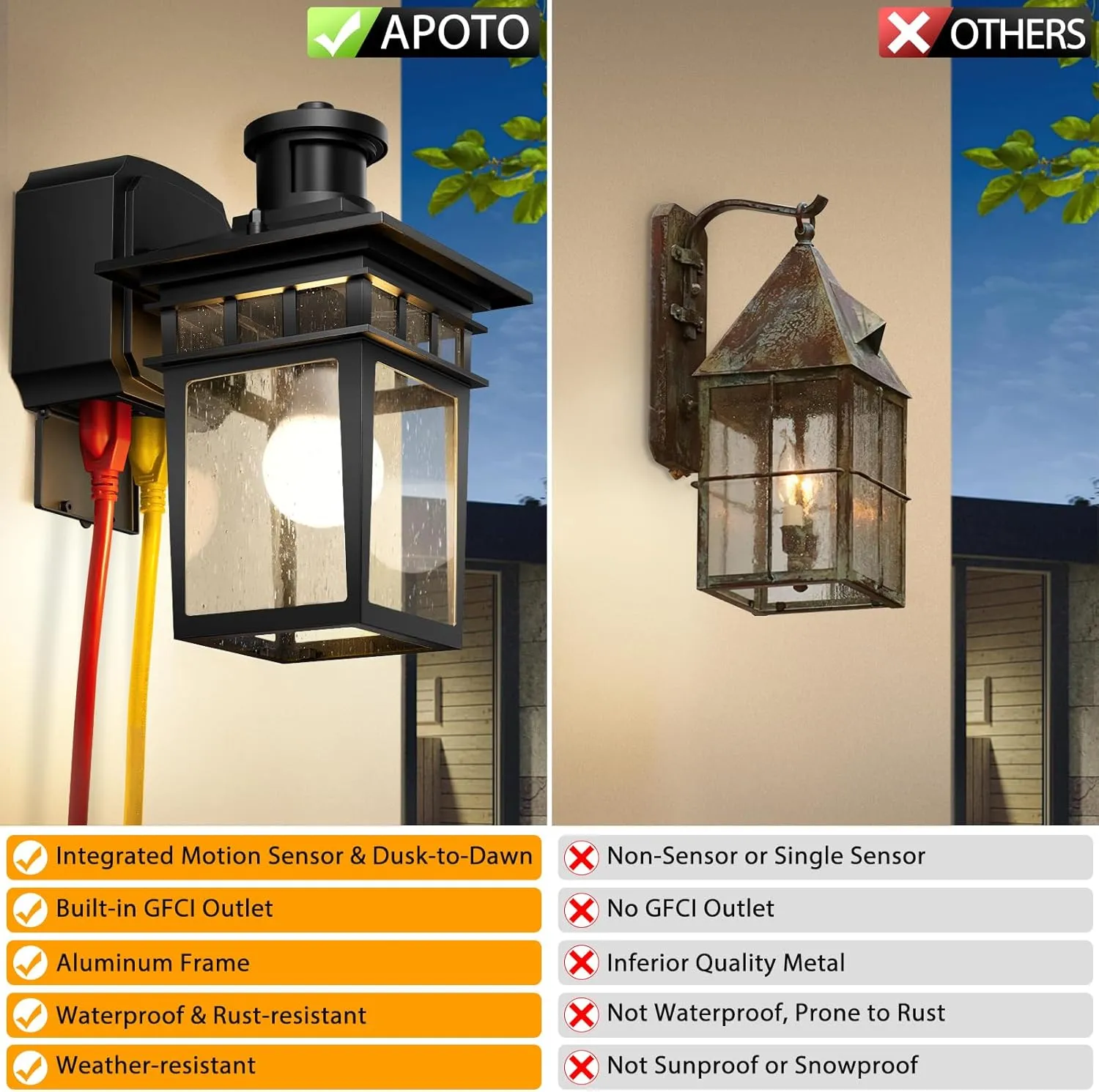 2 Pack Porch Light with GFCI Outlet, Black Dusk to Dawn Motion Sensor Outdoor Lights, 3-Mode Wall Exterior Lighting Fixture, Waterproof Outside Lights Sconce for House Front Door Patio Garage