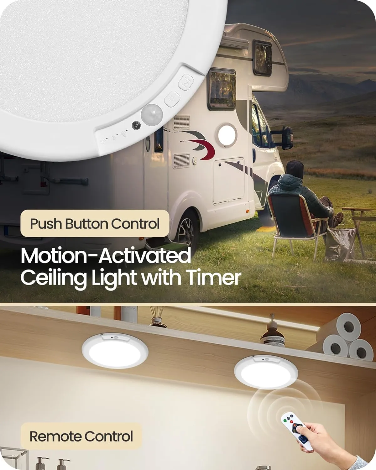 2 Pack Rechargeable Motion Sensor Ceiling Light with Remote, Wireless Ceiling Light Battery Operated, Magnetic, 3CCT, Dimmable LED for Shower Closet Bathroom Stairs Pantry Hallway Porch