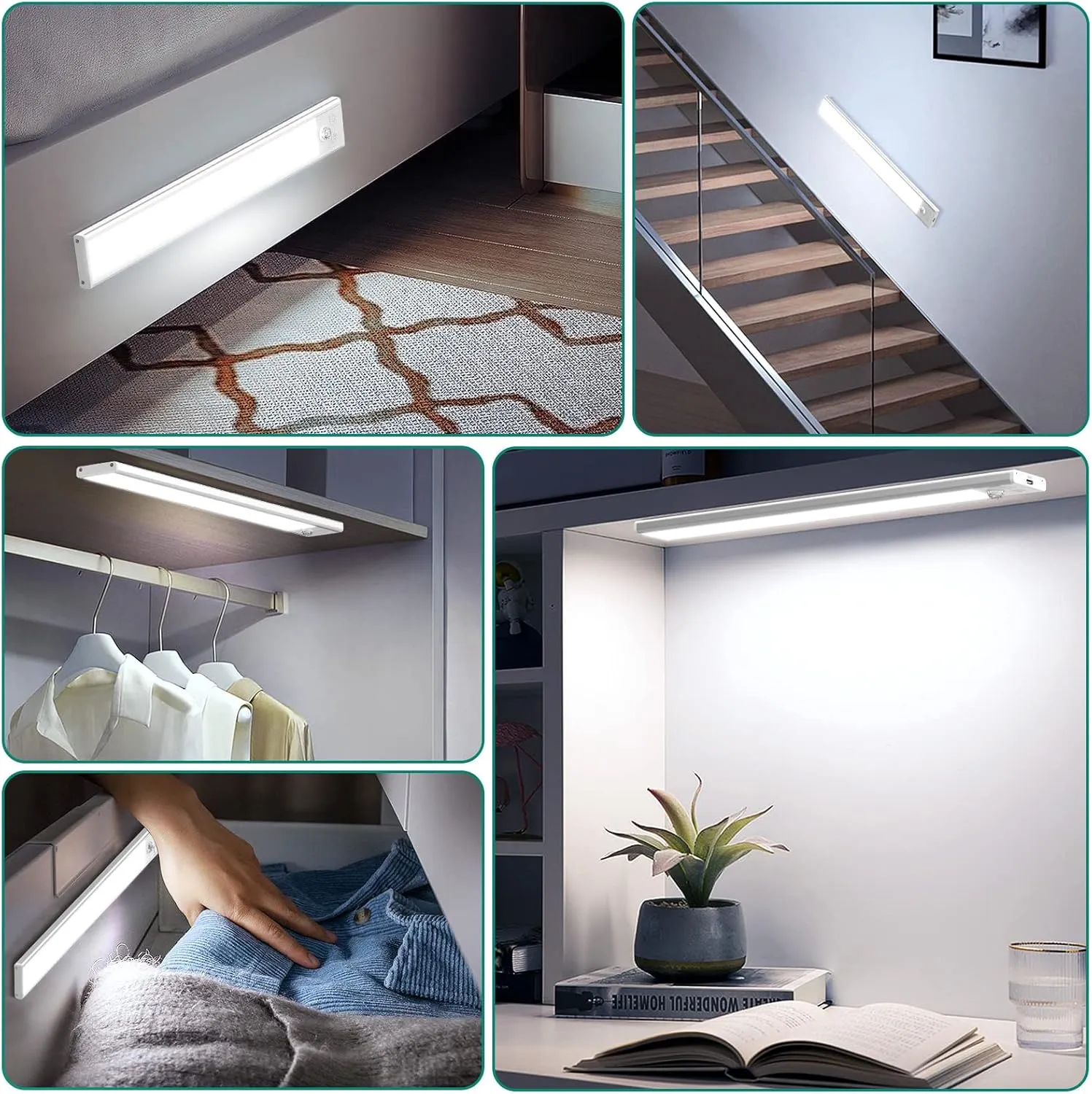 2 Pack Under Cabinet Lights, 52 LED Cold White Rechargeable Under Cabinet Lighting Motion Sensor LED Lights for Kitchen, Counter, Closet, Stairs (Silver - Cold White Light, 12.2 Inch - 2 Pack)