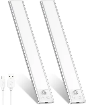 2 Pack Under Cabinet Lights, 52 LED Cold White Rechargeable Under Cabinet Lighting Motion Sensor LED Lights for Kitchen, Counter, Closet, Stairs (Silver - Cold White Light, 12.2 Inch - 2 Pack)
