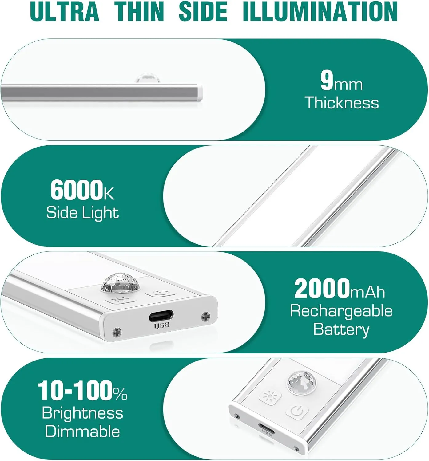 2 Pack Under Cabinet Lights, 52 LED Cold White Rechargeable Under Cabinet Lighting Motion Sensor LED Lights for Kitchen, Counter, Closet, Stairs (Silver - Cold White Light, 12.2 Inch - 2 Pack)
