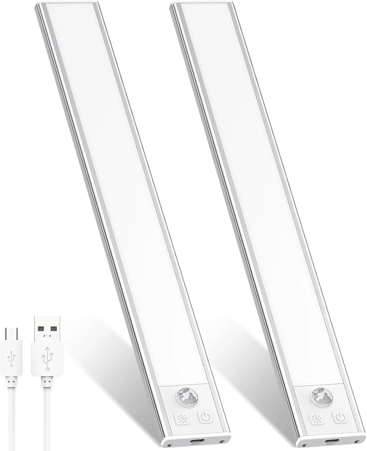 2 Pack Under Cabinet Lights, 52 LED Cold White Rechargeable Under Cabinet Lighting Motion Sensor LED Lights for Kitchen, Counter, Closet, Stairs (Silver - Cold White Light, 12.2 Inch - 2 Pack)