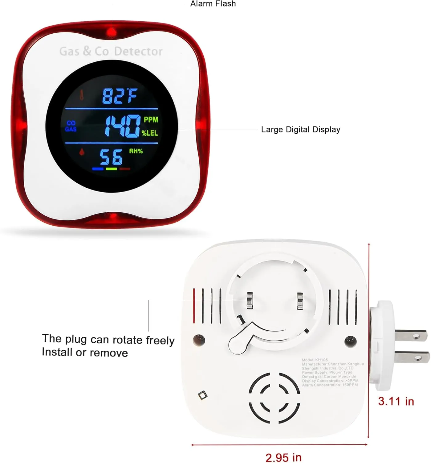 2 Packs Plug in Gas & Carbon Monoxide Detectors, 4-in-1 Natural Gas Leak Detector,Carbon Monoxide Alarm,4 Sensor °F&Humidity,CO & Propane Detector for Home,RV