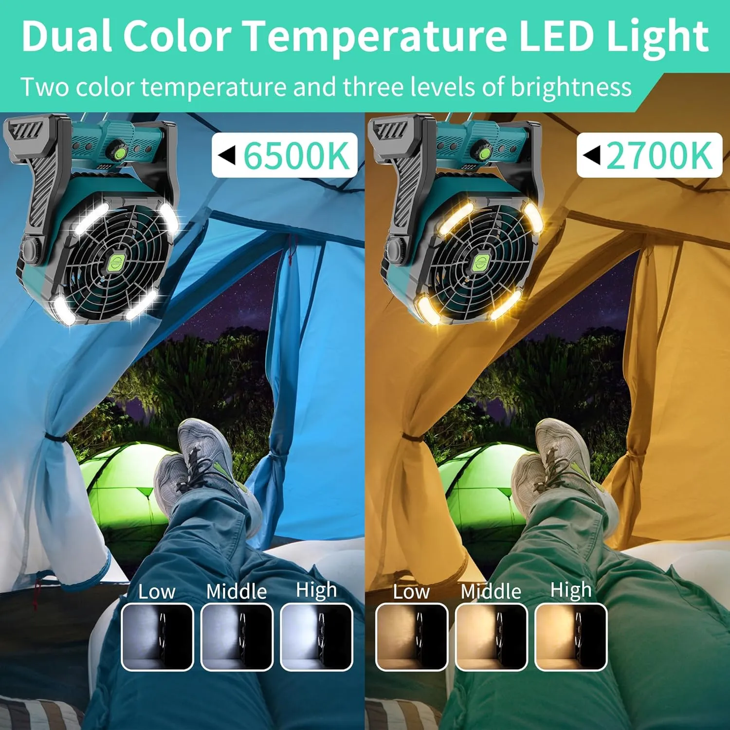 20000mAh Battery Powered Fan Rechargeable,Rechargeable Fan Portable Fan Camping Fan with Light,270°Rotation Battery Operated Fan,USB Tent Fan Camping Essentials Battery Fan Portable X26 Cyan