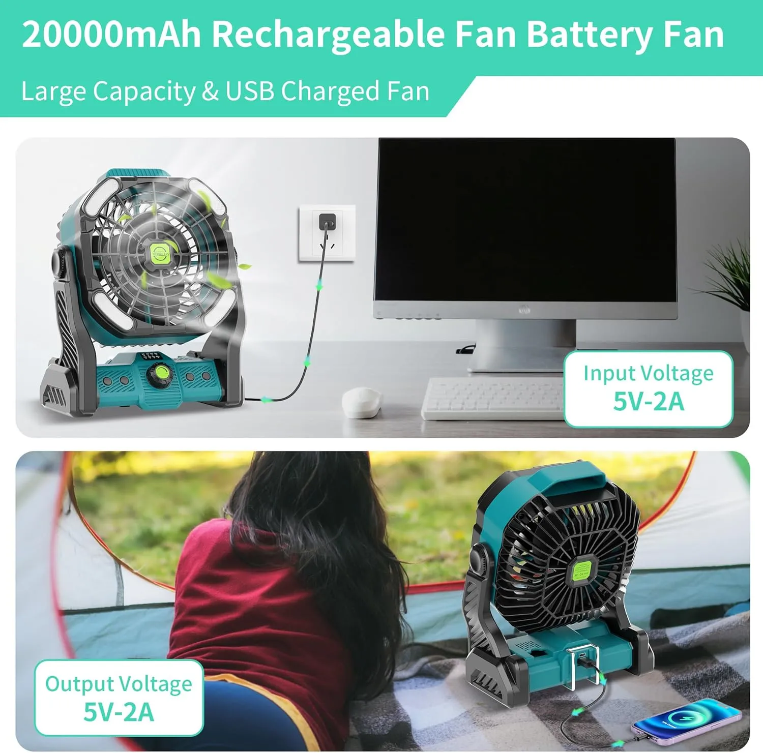20000mAh Battery Powered Fan Rechargeable,Rechargeable Fan Portable Fan Camping Fan with Light,270°Rotation Battery Operated Fan,USB Tent Fan Camping Essentials Battery Fan Portable X26 Cyan