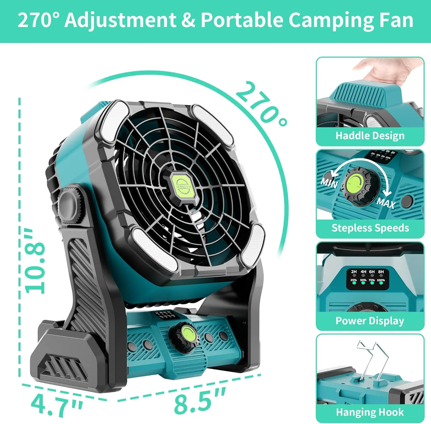20000mAh Battery Powered Fan Rechargeable,Rechargeable Fan Portable Fan Camping Fan with Light,270°Rotation Battery Operated Fan,USB Tent Fan Camping Essentials Battery Fan Portable X26 Cyan
