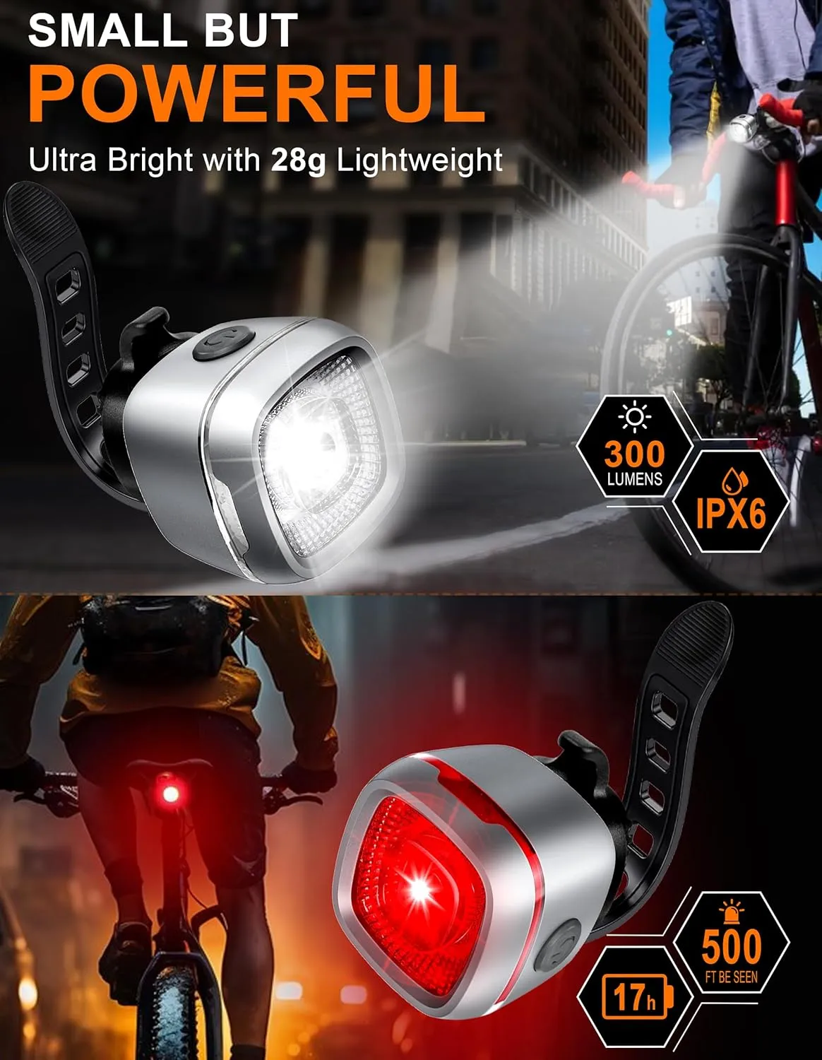 2025 New 5 5 Modes IPX6 Waterproof Bike Light,Type-C Rechargeable Bike Lights for Night Riding, 17 Hrs Long Life Bicycle Lights Front and Rear,Headlight Taillight for Men Women Kids Road Mountain