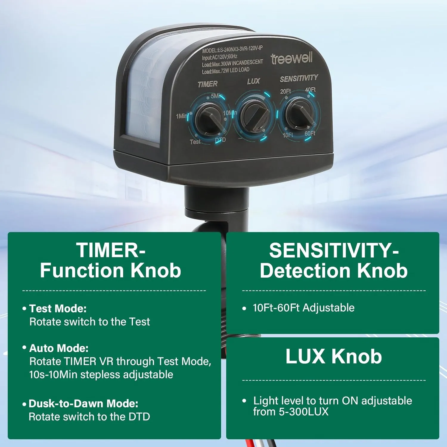 240-Degree Replacement Motion Sensor, Adjustable LUX(5-300) & Time & Detection Sensitivity Up to 60 Feet Range, 3 Working Modes Outdoor Motion Detector for Security Floodlight, Brown
