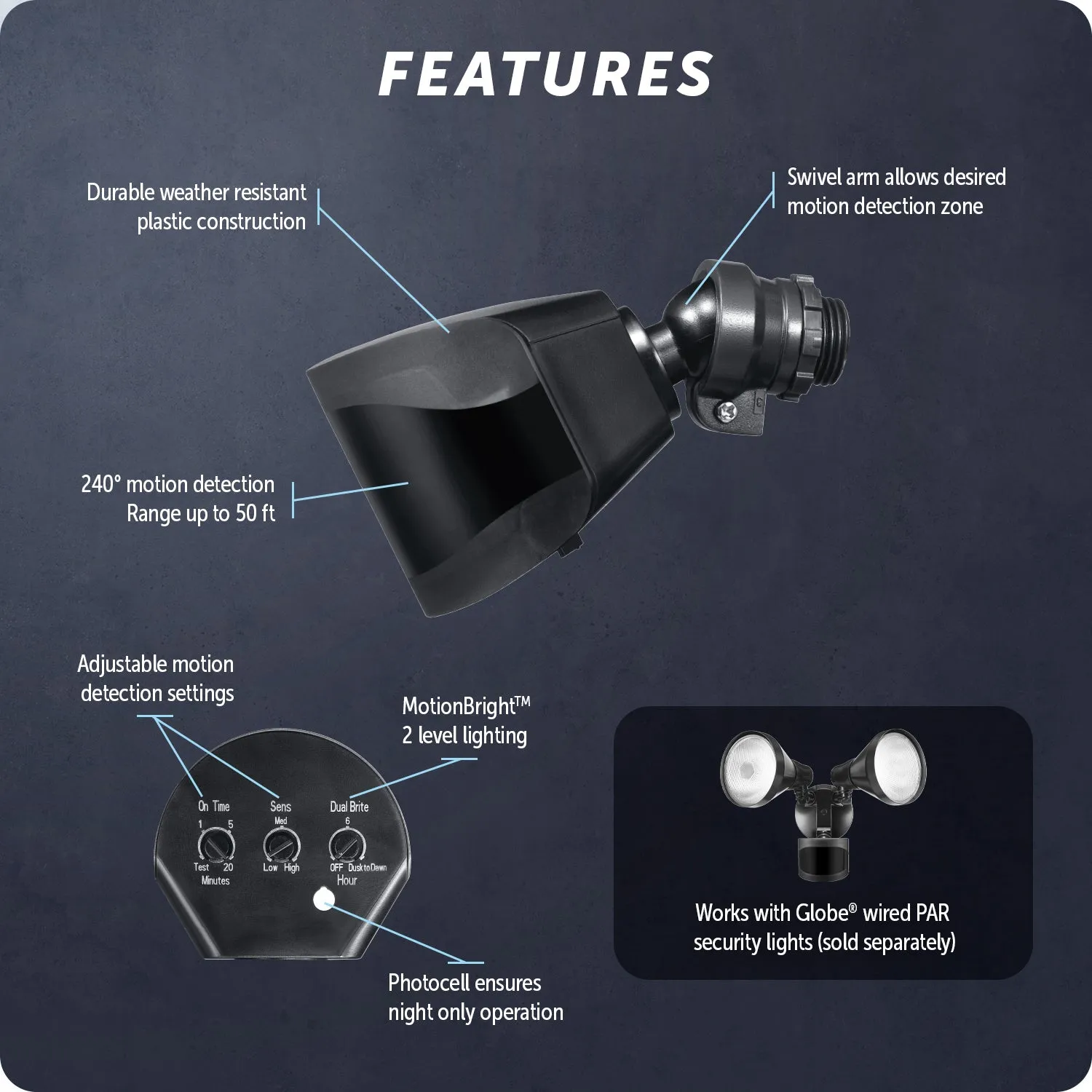 240-Degree Wired Motion Activated Black Outdoor Flood Light Replacement Sensor