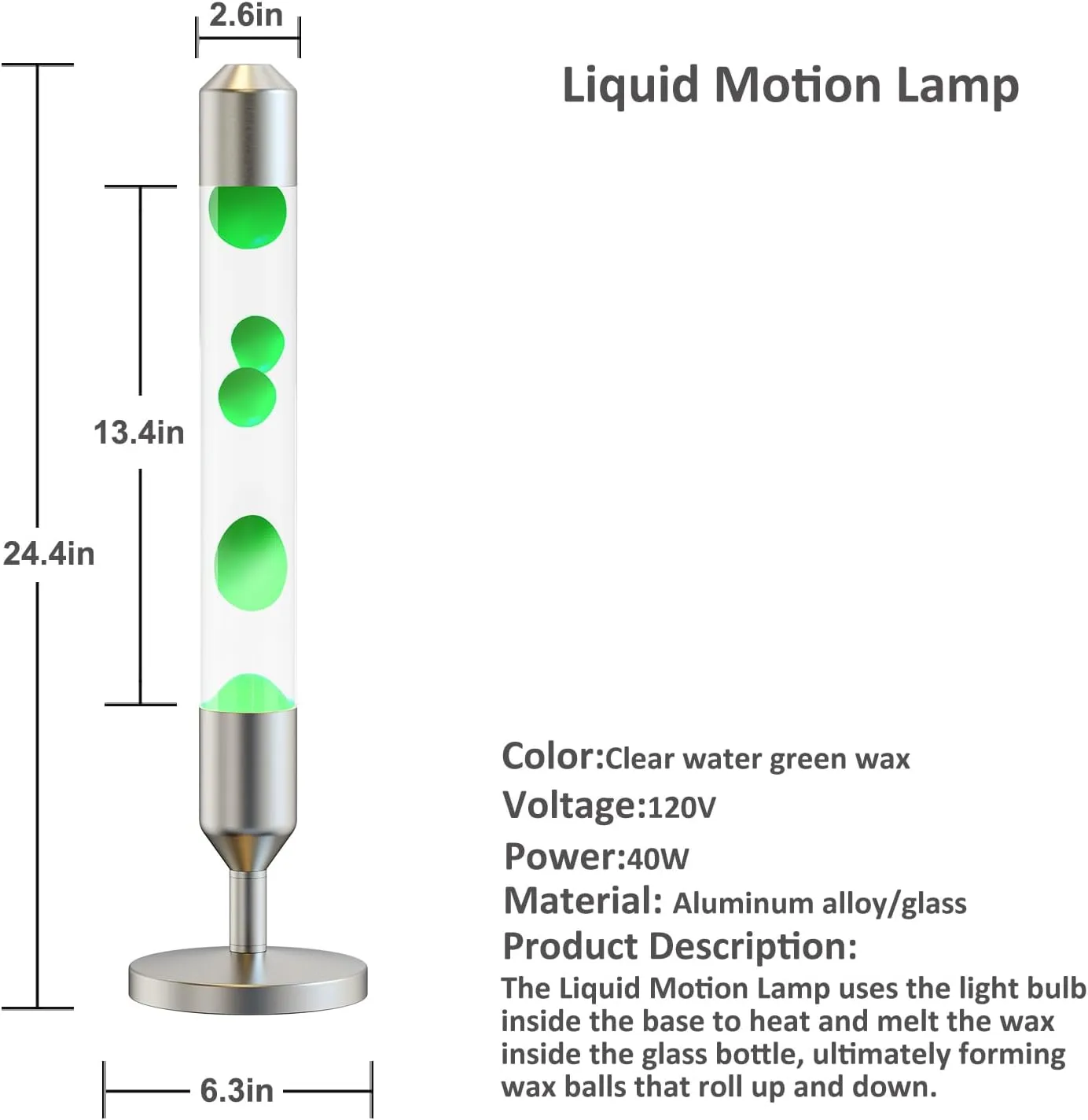 24.4-Inch Relaxing Liquid Motion Magma Lamp for Home Decor Living Room Office Bedroom with Green Wax White Water/Silver