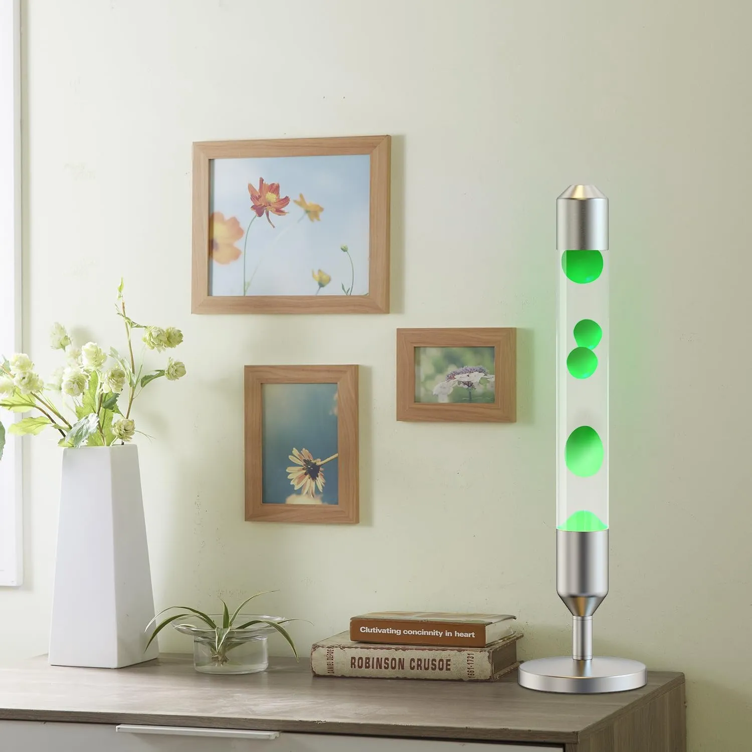 24.4-Inch Relaxing Liquid Motion Magma Lamp for Home Decor Living Room Office Bedroom with Green Wax White Water/Silver