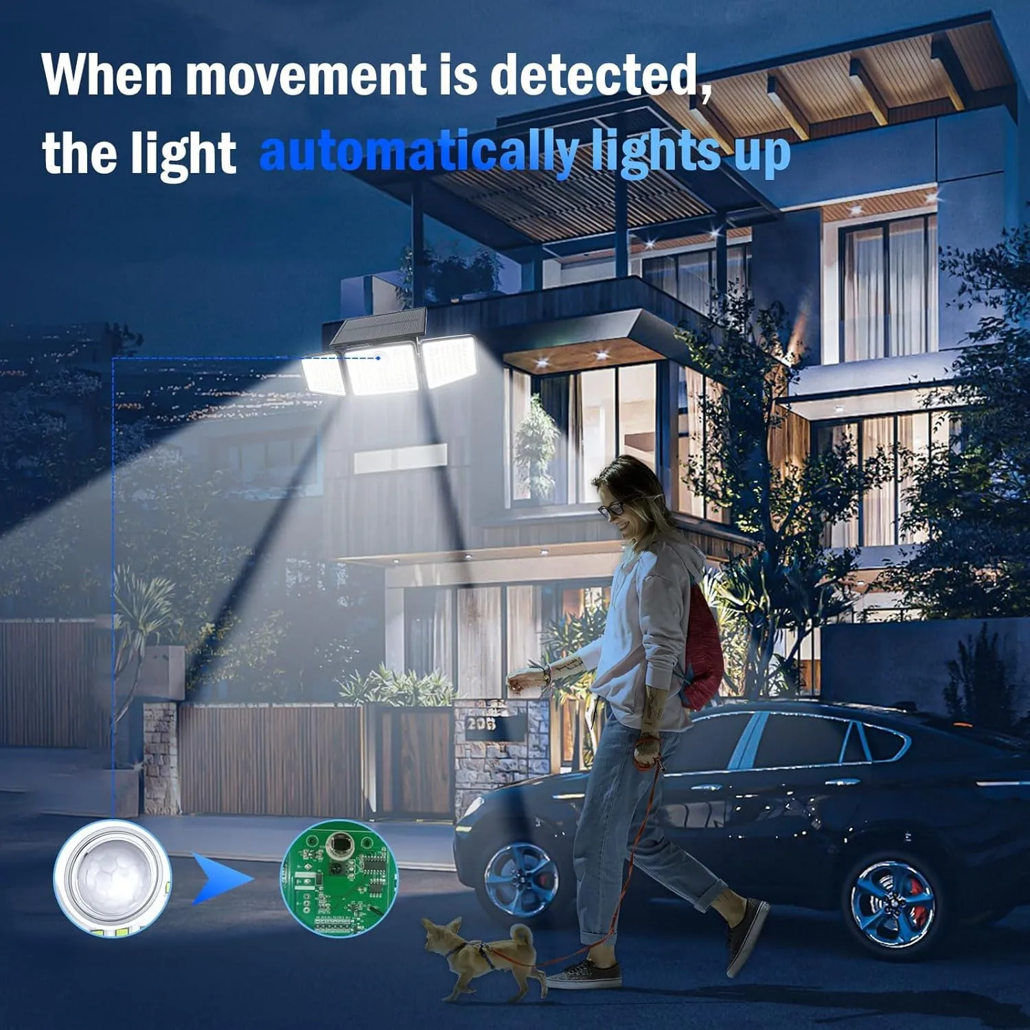 2500LM Solar Lights Outdoor with Motion Sensor,3 Head 270° Wide Angle Street Area Lights,IP65 Waterproof Security Lighting with 3 Modes(Non-Remote,1 Pcs)