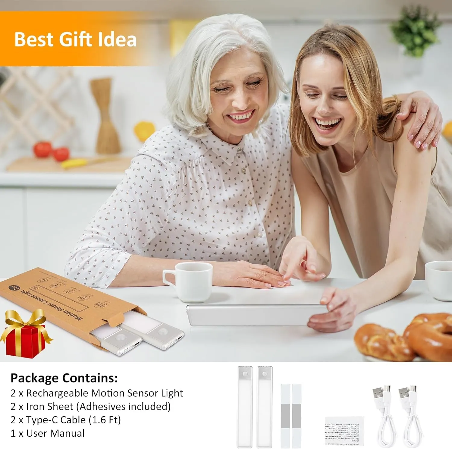 30-LED Motion Sensor Under Cabinet Lights, Magnetic Rechargeable Under Counter Closet Lighting, Wireless Light Bar, 2-Pack, Neutral White