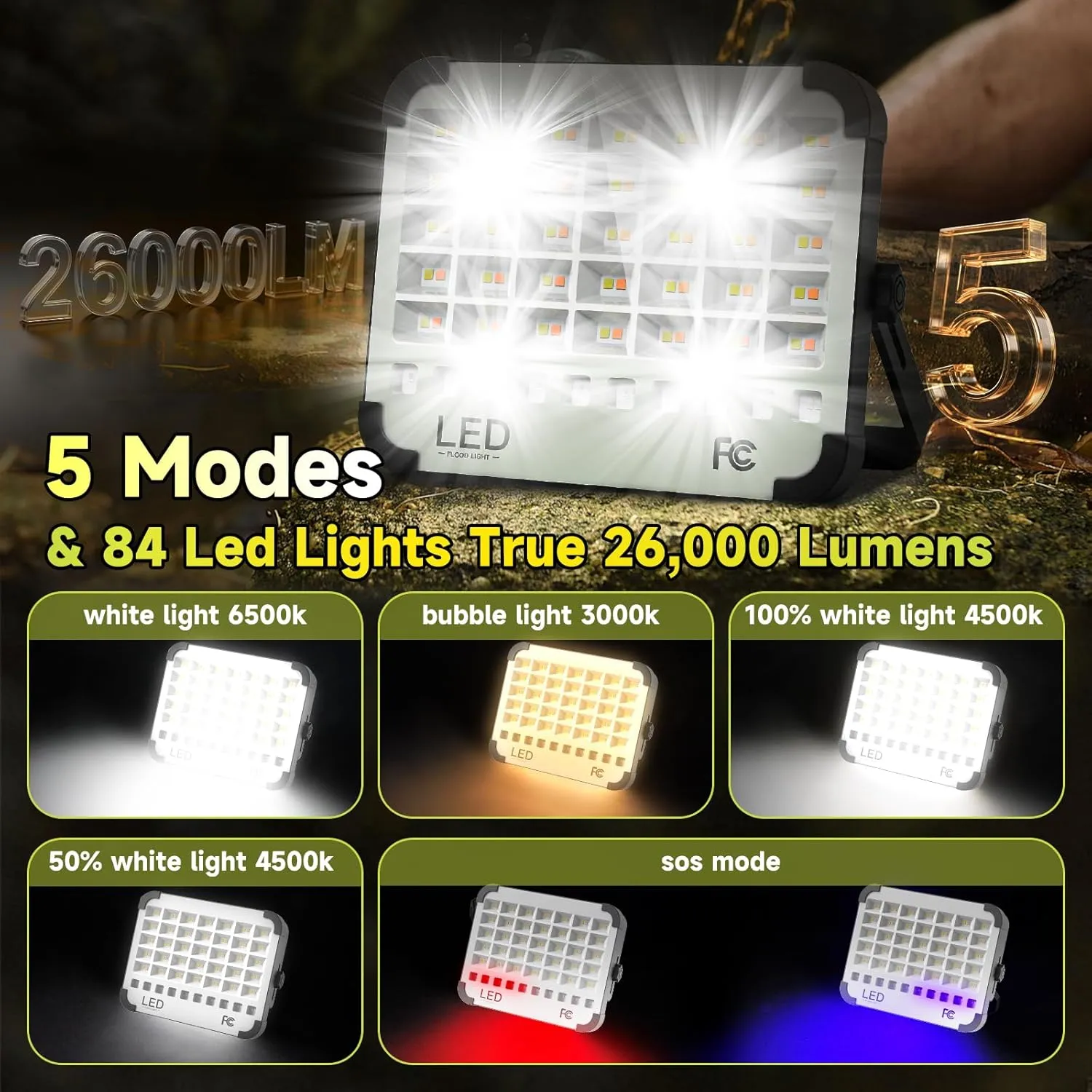 300W LED Solar Work Light, Sinear 26000LM Magnetic Portable Light, 26000mAh Rechargeable with 5 Modes, IP66 Waterproof for Outdoor Camping, Car Repair, Building, Workshop, Garage, Emergency